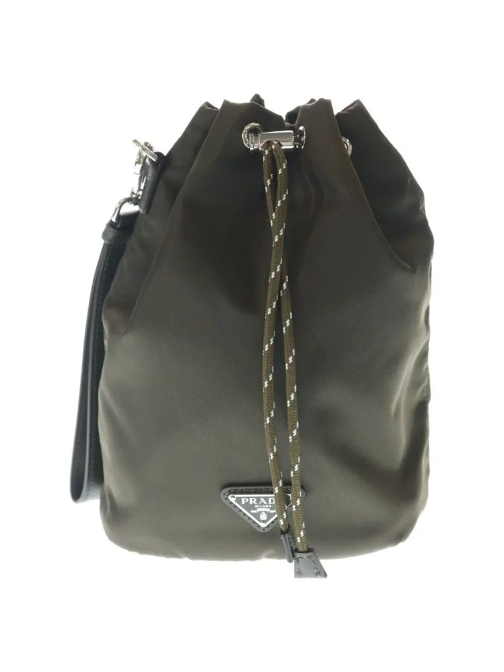 Prada Re-Nylon Speedlock Pouch Drawstring Leather Khaki Silver